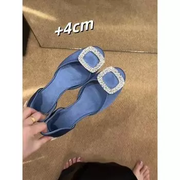 Sheepskin version~ New rhinestone inner height increase shallow mouth single shoes femininity round head hollow sandals flat bottom ladyshoes 35