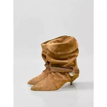 Sheepskin version niche cat and leather western boots women s folding pile boots autumn and winter new fashion temperament versatile short boots 35