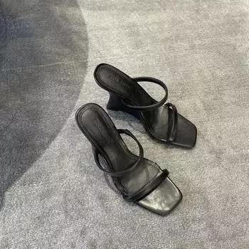 Sheepskin version niche design leather open-toed wedge sandals women s summer wear thick heel high heel half slippers cool slippers 35