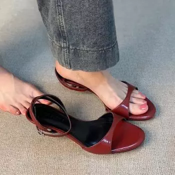 Sheepskin version~ niche fashion leather open-toe with sandals women s simple temperament round head high heels summer 35