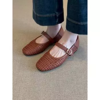 Sheepskin version niche hollow retro woven one-word strap single shoes women s summer new flat Mary Jane shoes hole shoes 35