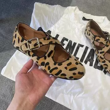 Sheepskin version~ niche leopard print horse hair soft surface ballet grandma Mary Jane shoes shallow mouth single shoes women s flat bottom 35