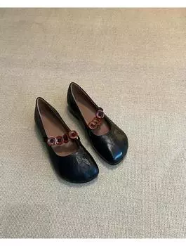 Sheepskin version niche retro round head thick heel single shoes women s versatile button elastic band light mouth soft leather Mary Jane shoes 35 чёрный