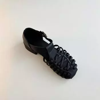 Sheepskin version niche retro woven open-toed summer sandals women s leather thick heel one-word bag head shoes 35