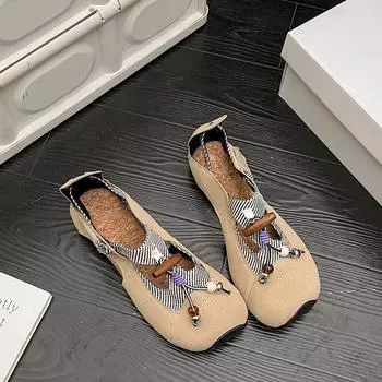 Sheepskin version~ niche versatile retro style T-band inner height-increasing bag head sandals women s fringed flat-soled single shoes women 35