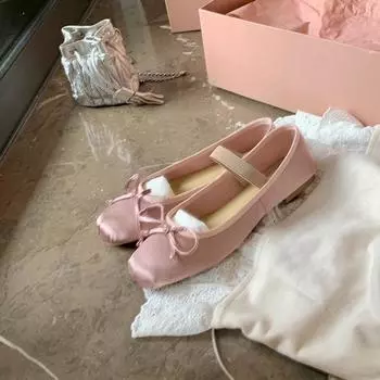 Sheepskin version of ballet Mary Jane shoes with bow square round head elastic word with shallow mouth single shoes 35