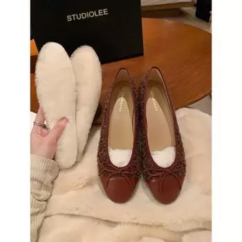 Sheepskin version of classic round head bow velvet tweed shallow mouth flat bottom single shoes women 35