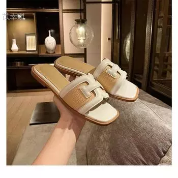 Sheepskin version of genuine leather square head straw splicing cool slippers women s summer woven beach one-word slippers wear half slippers 35