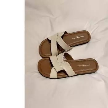 Sheepskin version of giant soft waxy cross belt casual vacation beach flat-bottomed slippers women s summer cool slippers outer wear 35