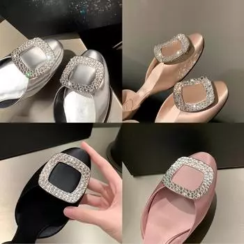 Sheepskin version of grape mother, the same spring and summer new fairy square diamond buckle shallow mouth shoes hollow sandals women s flat shoes 34