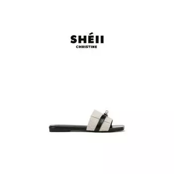 Sheepskin version of the new niche lock leather one-word slippers women s summer wear flat leather sandals women s shoes 35