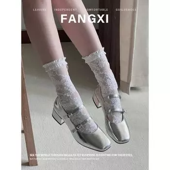 Sheepskin version of the new silver one-word buckle strap medium heel high heels women s head Mary Jane women s shoes thick heel single shoes 35