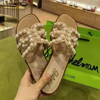 Sheepskin version pearl straw leather flat-bottomed slippers women s summer wear high-end beach one-word cool slippers 35