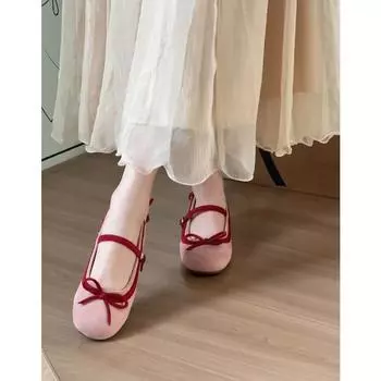 Sheepskin version~ Pink inner height increase 5cm ballet shoes women s evening shoes Mary Jane bow light mouth single shoes 35