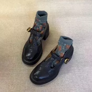 Sheepskin version~ platform thick heel retro small leather shoes women s genuine leather round head single shoes Mary Jane shoes 34