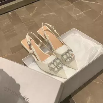 Sheepskin version~ pointed delicate rhinestone buckle thin empty single shoes women s summer bag head sandals 35