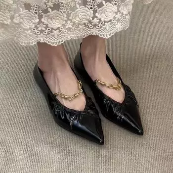 Sheepskin version pointed shoes pleated flat bottom beautiful single shoes women s French metal chain temperament Mary Jane grandma shoes 35
