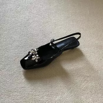 Sheepskin version~ Premium temperament rhinestone flower bag head shoes women s low heel shallow mouth casual single shoes outer sandals 35