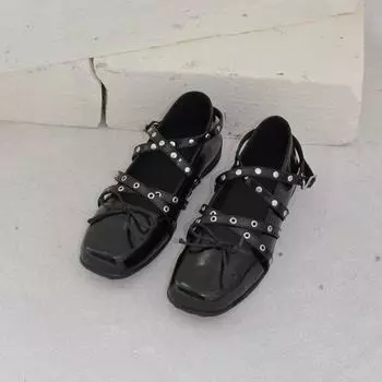 Sheepskin version~ Red bow small single shoes women s 2025 autumn leather retro shallow rivet ballet flats 34 красный