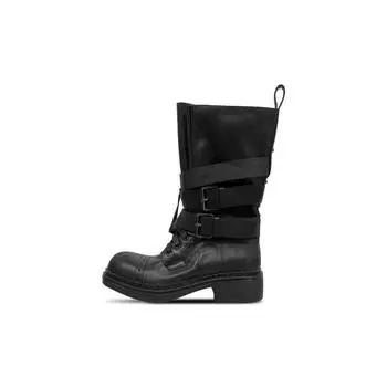 Sheepskin version~ retro belt buckle medium boots knight boots women s lace-up locomotive Martin boots thick-soled western cowboy boots 35