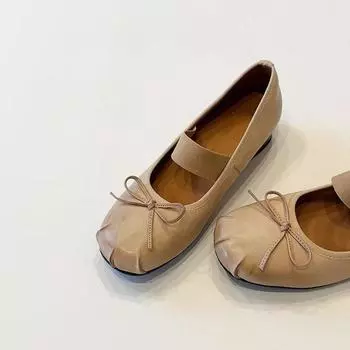 Sheepskin version~ retro bow ballet shoes women s niche one-word thick heel single shoes round head shallow mouth Mary Jane shoes 35