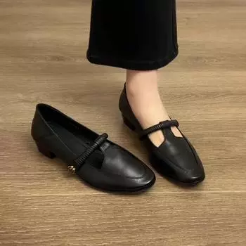 Sheepskin version~ Retro camellia round head Mary Jane women s shoes commuting T-word with light mouth temperament thick heel single shoes 35