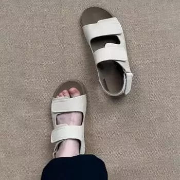 Sheepskin version~ Retro casual women s sports platform leather Velcro round head beach sandals 35