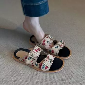 Sheepskin version~ Retro cherry flat-bottomed belt buckle open-toed thick-soled outer wear Xia Liang slippers women s one-word slippers women s models 35