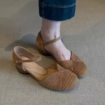 Sheepskin version~ retro cute bag head shoes women s summer low heel leather round head with sandals 35
