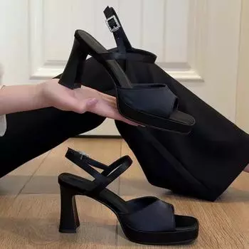 Sheepskin version~ retro fashion outer wear high heels simple niche celebrity word with new fashion sandals 35