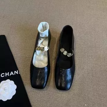 Sheepskin version~ retro gold coin black small leather shoes with light mouth square head low heel Mary Jane single shoes women 35