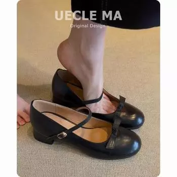 Sheepskin version~ retro leather shoes light mouth single shoes women s thick heel bow versatile black Mary Jane shoes 35