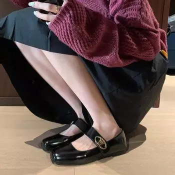 Sheepskin version~ retro leather shoes square head Velcro Mary Jane shoes women s shallow mouth flat bottom commuter shoes 35