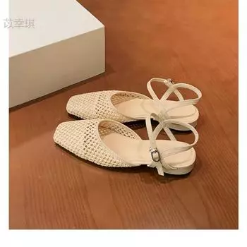 Sheepskin version retro leather straw woven mesh thick heel high heel sandals women s summer wear woven shoes bag head sandals 35