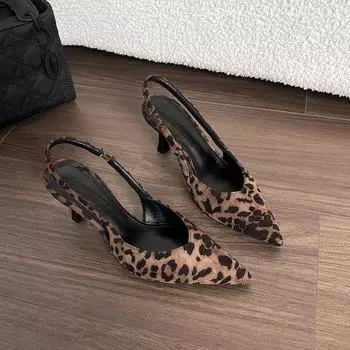 Sheepskin version retro leopard print bag head sandals women s thin heel shallow mouth empty single shoes European and American style temperament poi 34