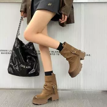 Sheepskin version retro new thick heel new versatile round head stacking boots tube boots Martin boots flat heel 35