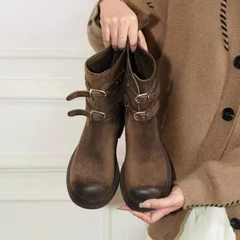 Sheepskin version~ retro polished belt buckle western cowboy boots slim short boots women s Maillard Martin boots locomotive boots 35