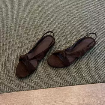 Sheepskin version retro round head open-toed cross with wedge sandals women s versatile simple temperament one-word shoes 35