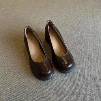 Sheepskin version~ retro shallow leather single shoes women s round head thick heel one pedal Mary Jane shoes small leather shoes 35