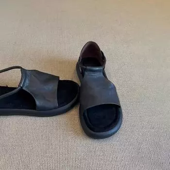 Sheepskin version~ retro soft leather comfortable casual summer open-toed sandals women s Velcro black flats 35