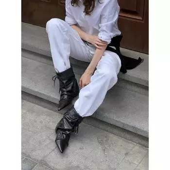 Sheepskin version retro versatile pointed boots inner height increasing strap design niche short boots slim temperament female knight boots 35