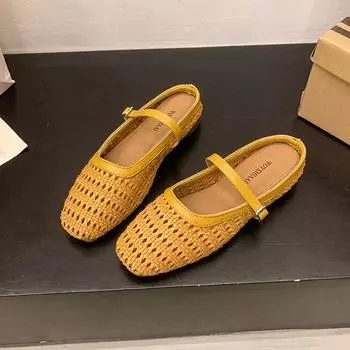 Sheepskin version~ Retro woven hollow bag head slippers for women s summer wear square head cool slippers with thick heel and half drag 35