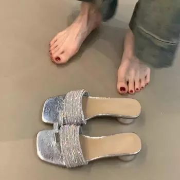 Sheepskin version~ Rhinestone slippers femininity gentle open-toed square head cool slippers high heels 35