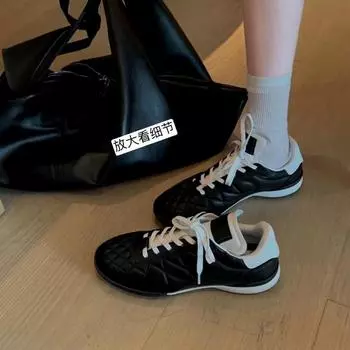 Sheepskin version rhombus tire cowhide lace-up casual sports shoes leather versatile platform dad shoes women s board shoes 35