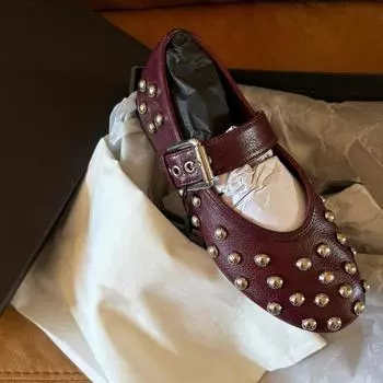 Sheepskin version~ Rivet Mary Jane shoes women s belt buckle ballet flats genuine leather one-word with shallow mouth versatile single shoes 35