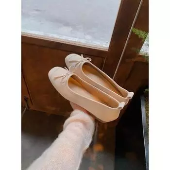 Sheepskin version round head ballet style bow flats soft shallow mouth single shoes women s leather ladyshoes 35