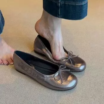 Sheepskin version~ round head bow flat shoes, shallow mouth versatile one-pedal ballet single shoes, female grandma shoes 35