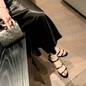 Sheepskin version~ round head double word with love diamond buckle adjustable flat sandals women s leather thick heel high heel sandals 35