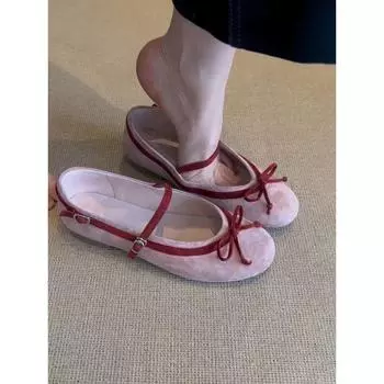 Sheepskin version~ Round head inner height increase bow single shoes women s flat ballet shoes with Mary Jane shoes 35