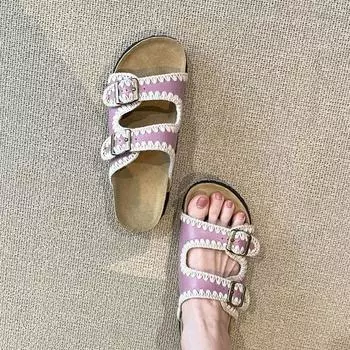 Sheepskin version~ Round head leather outer wear open-toed women s retro thick-soled versatile comfortable flat-bottomed one-word slippers 35